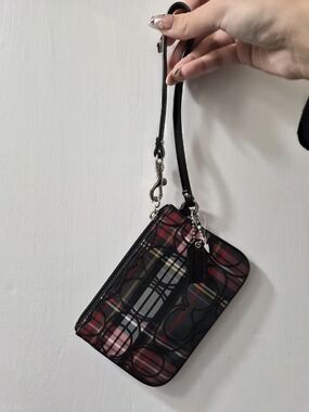 Coach Black and Red Plaid Wristlet with Silver Hardware